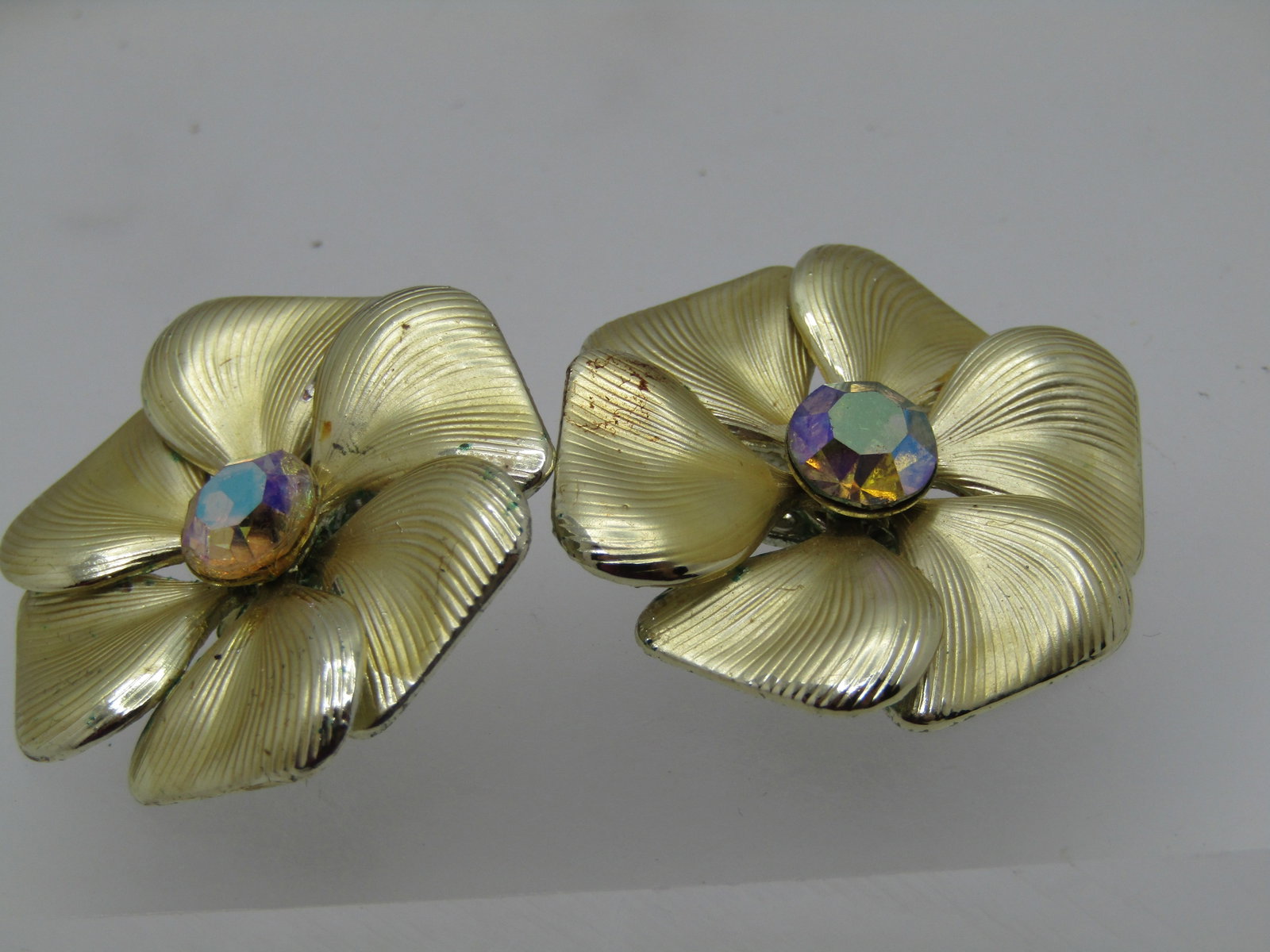 Vintage Ridged Blossom Earrings, AB Rhinestone Center 1.25" - 2