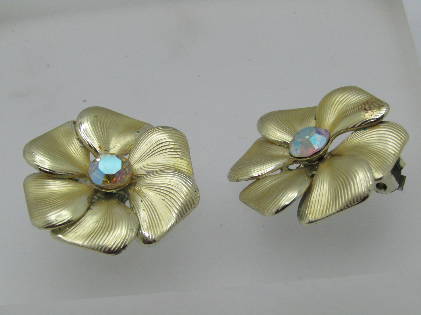 Vintage Ridged Blossom Earrings, AB Rhinestone Center 1.25" - 3