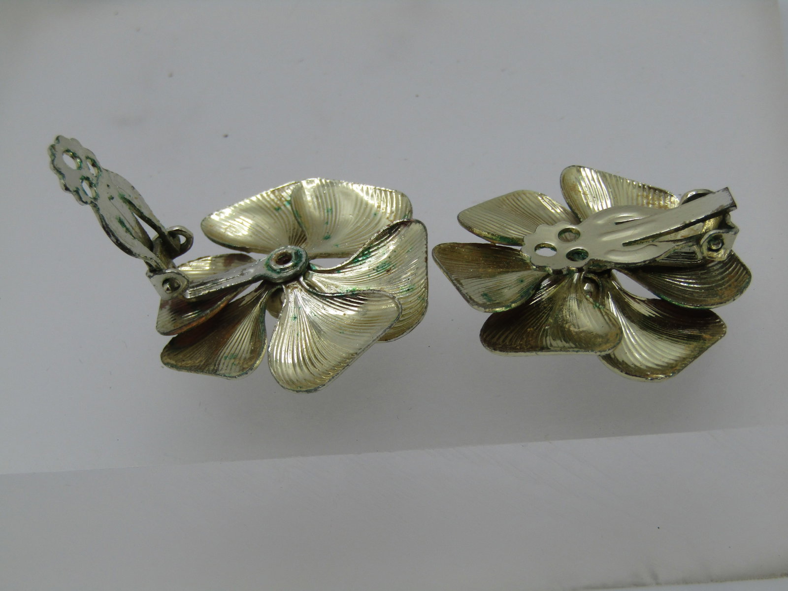 Vintage Ridged Blossom Earrings, AB Rhinestone Center 1.25" - 4