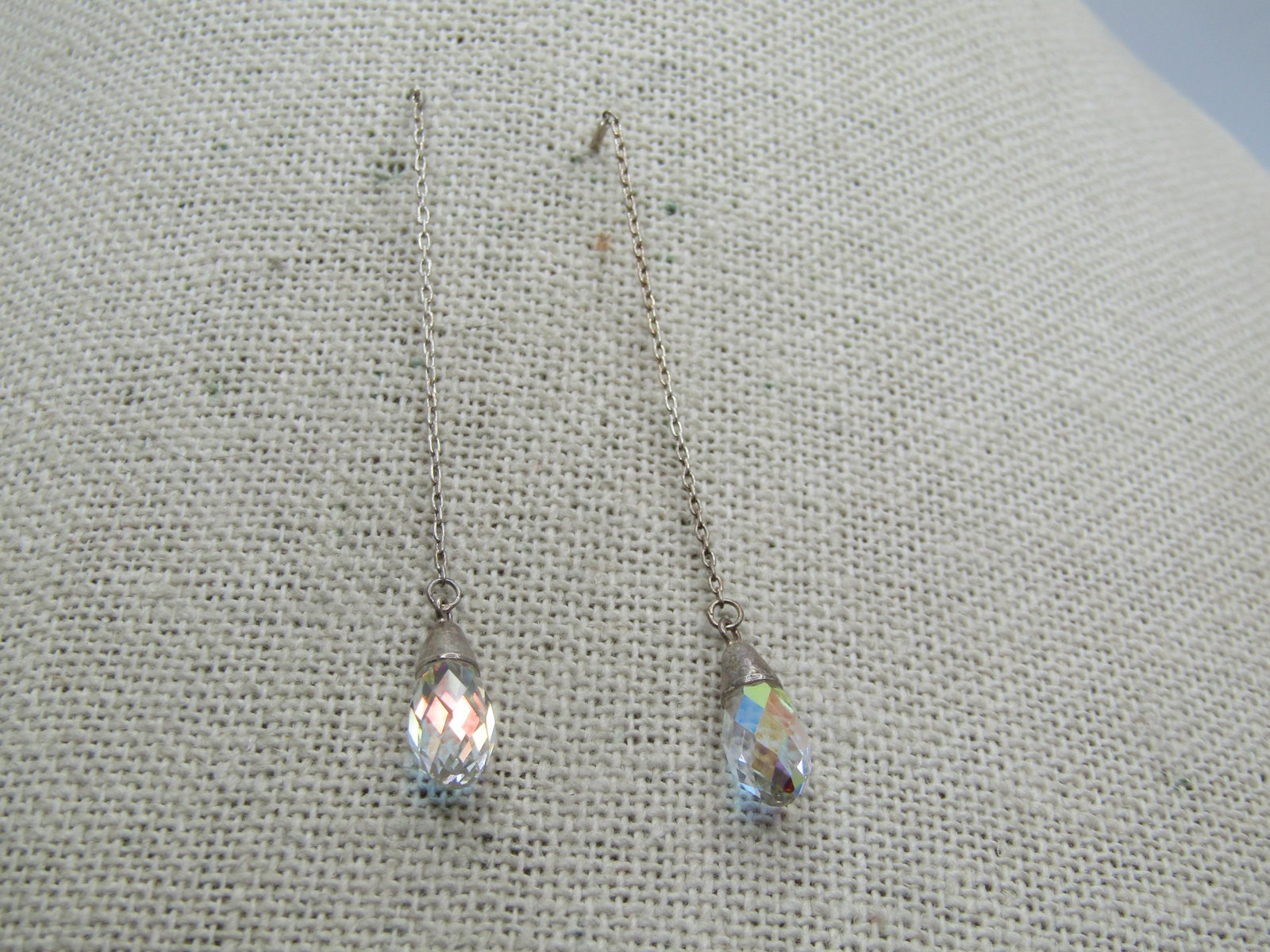 Vintage Sterling Aurora Borealis Crystal Earrings, Pierced Threaders, 1980's-1990's: Vintage Sterling Aurora Borealis Crystal Earrings, Pierced Threaders, 1980's-1990's. These are 3" long with a sterling capped aurora borealis teardrop crystal - total length is appx. 13mm of the drop 