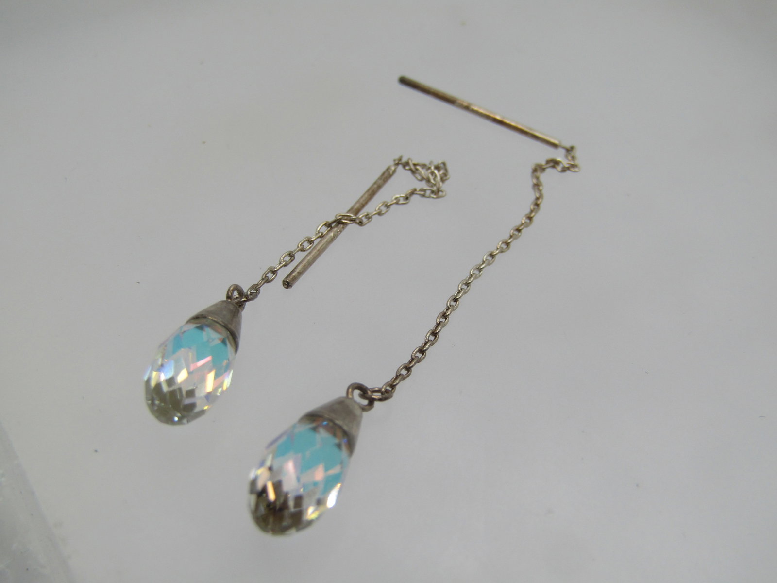 Vintage Sterling Aurora Borealis Crystal Earrings, Pierced Threaders, 1980's-1990's - 6