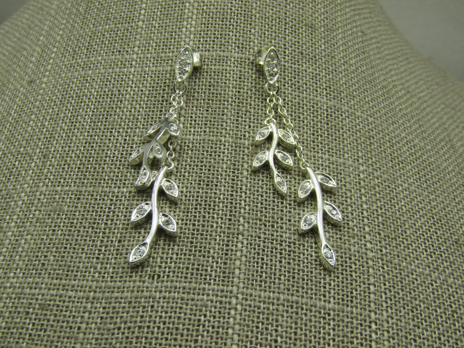 Sterling Dangling Leaf Earrings, Pierced, Double Strand, 2" (1 of 6)