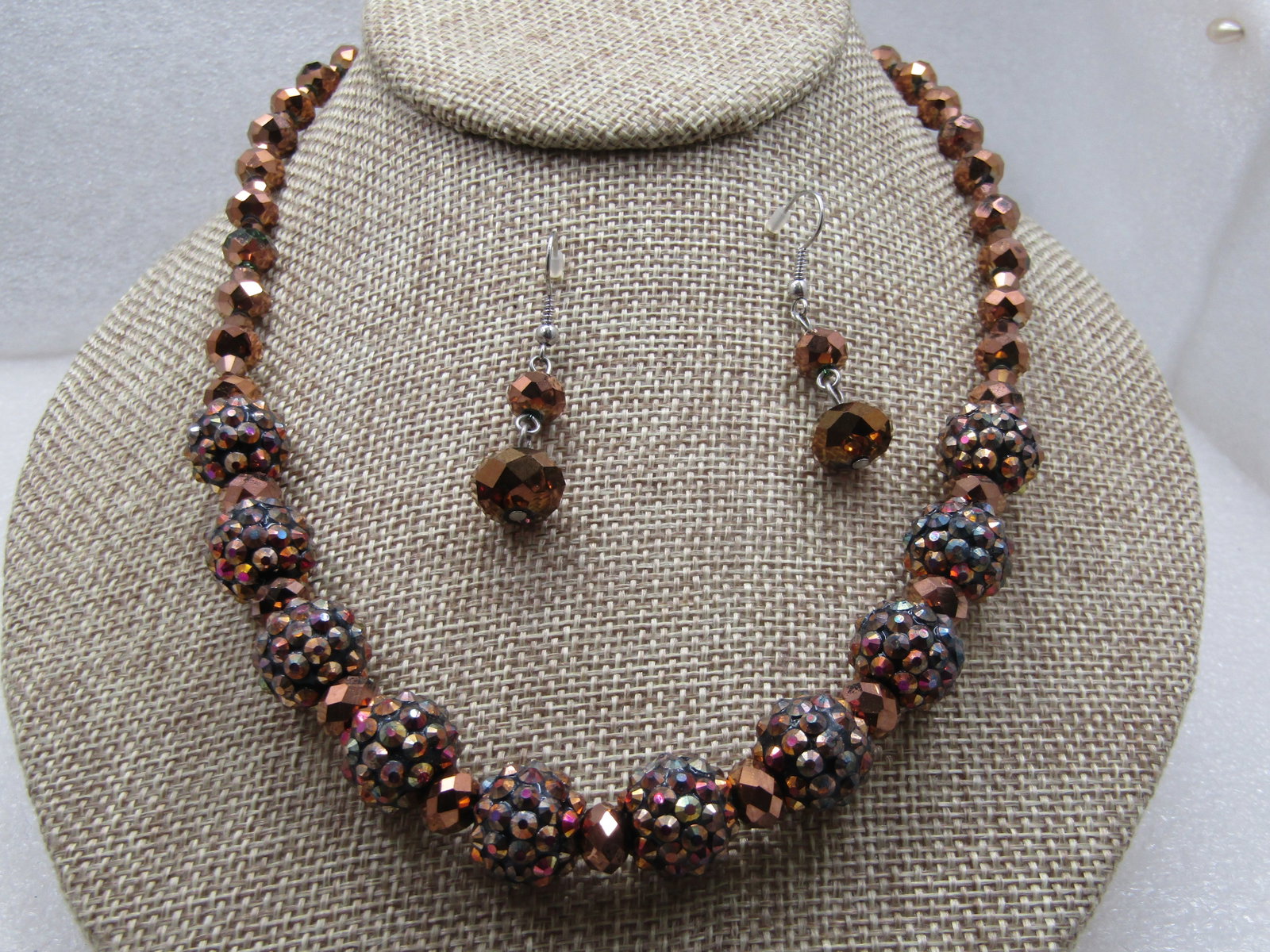 Vintage Copper Metallic Beaded Necklace & Earrings Set, 22" - 3