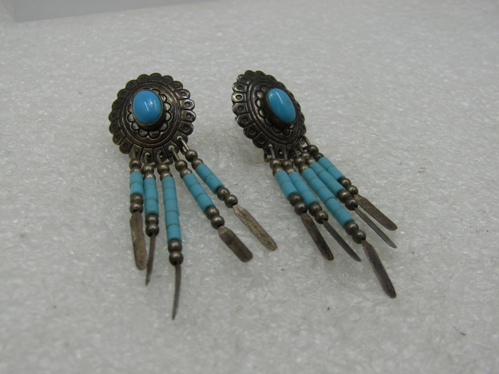 Vintage Southwestern Concho Turquoise Drop Earrings, Signed Q.T. - 2