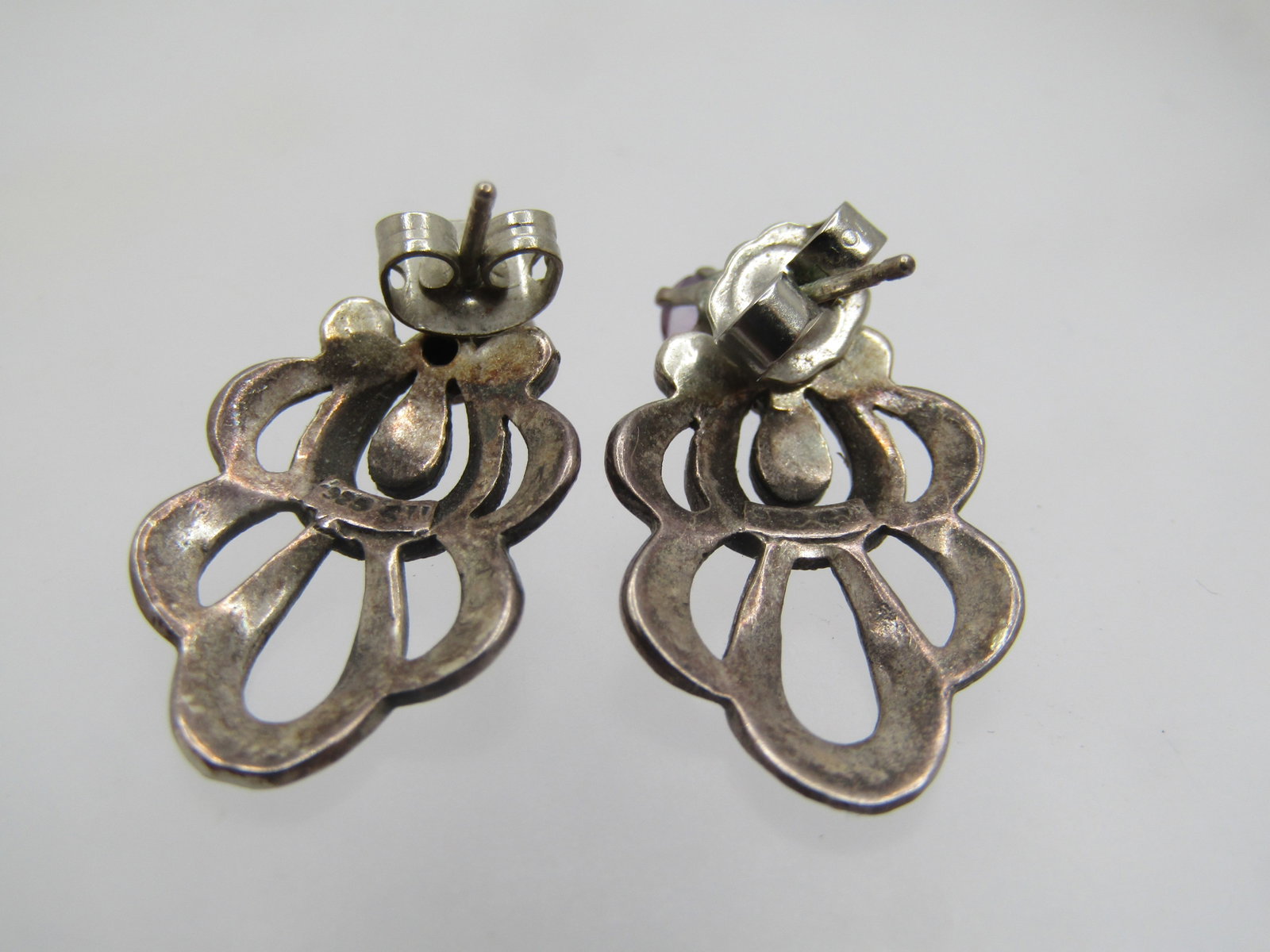 Vintage Sterling Amethyst Stud And Marcasite Skirt Earrings , 1980's, Signed - 6