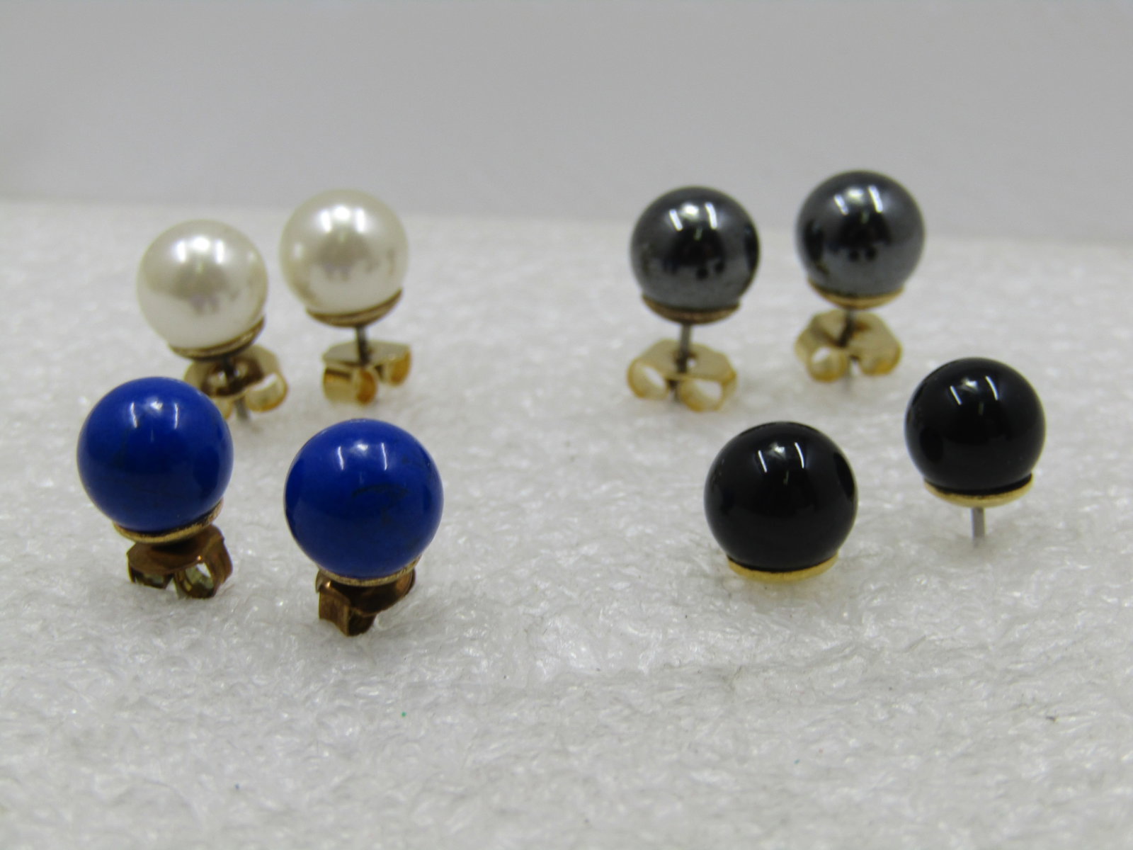 Four Pairs of 8MM Stud Earrings, Pierced, Faux Pearl, Lapiz, Onyx, Hematite - 2