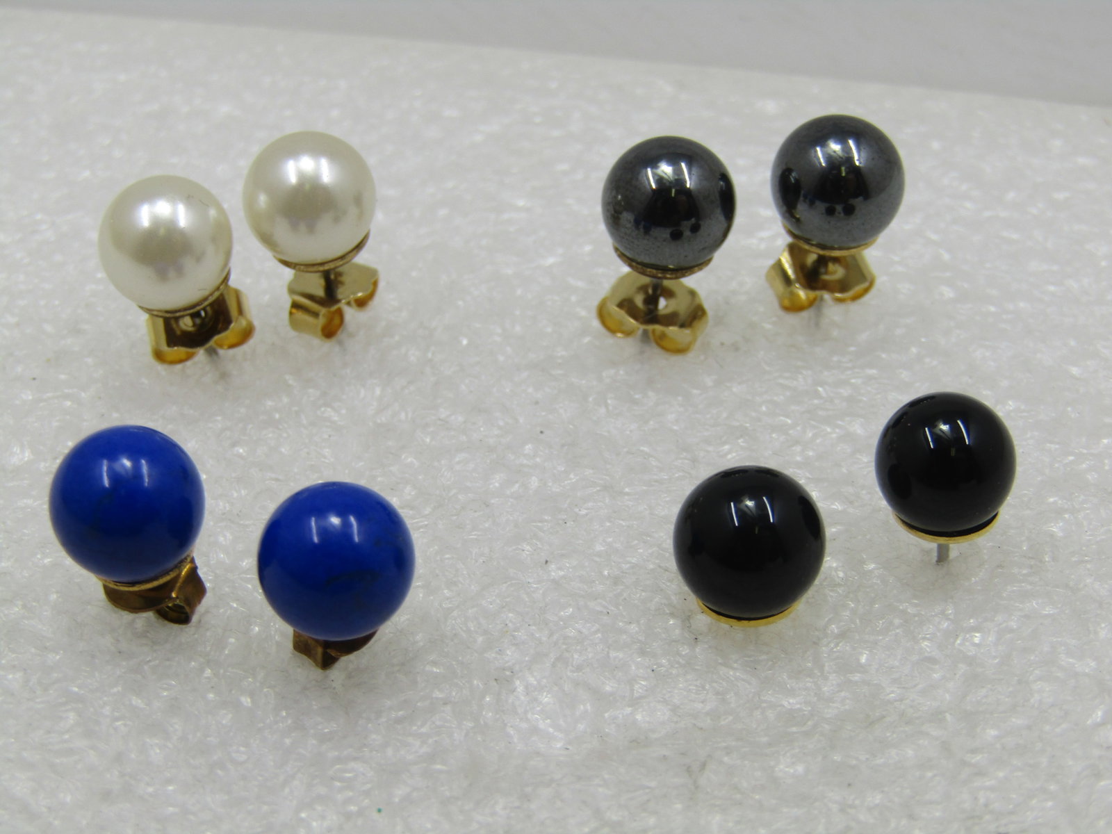 Four Pairs of 8MM Stud Earrings, Pierced, Faux Pearl, Lapiz, Onyx, Hematite - 3