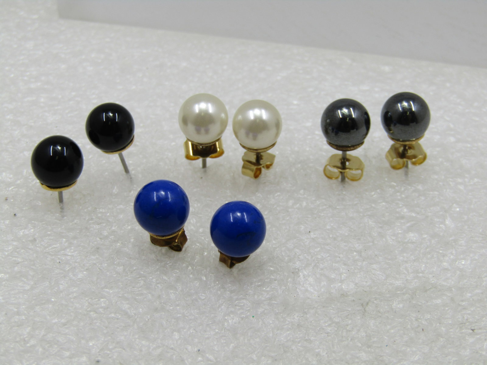 Four Pairs of 8MM Stud Earrings, Pierced, Faux Pearl, Lapiz, Onyx, Hematite - 4