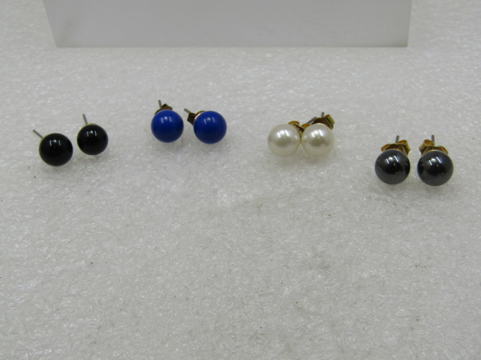 Four Pairs of 8MM Stud Earrings, Pierced, Faux Pearl, Lapiz, Onyx, Hematite - 5