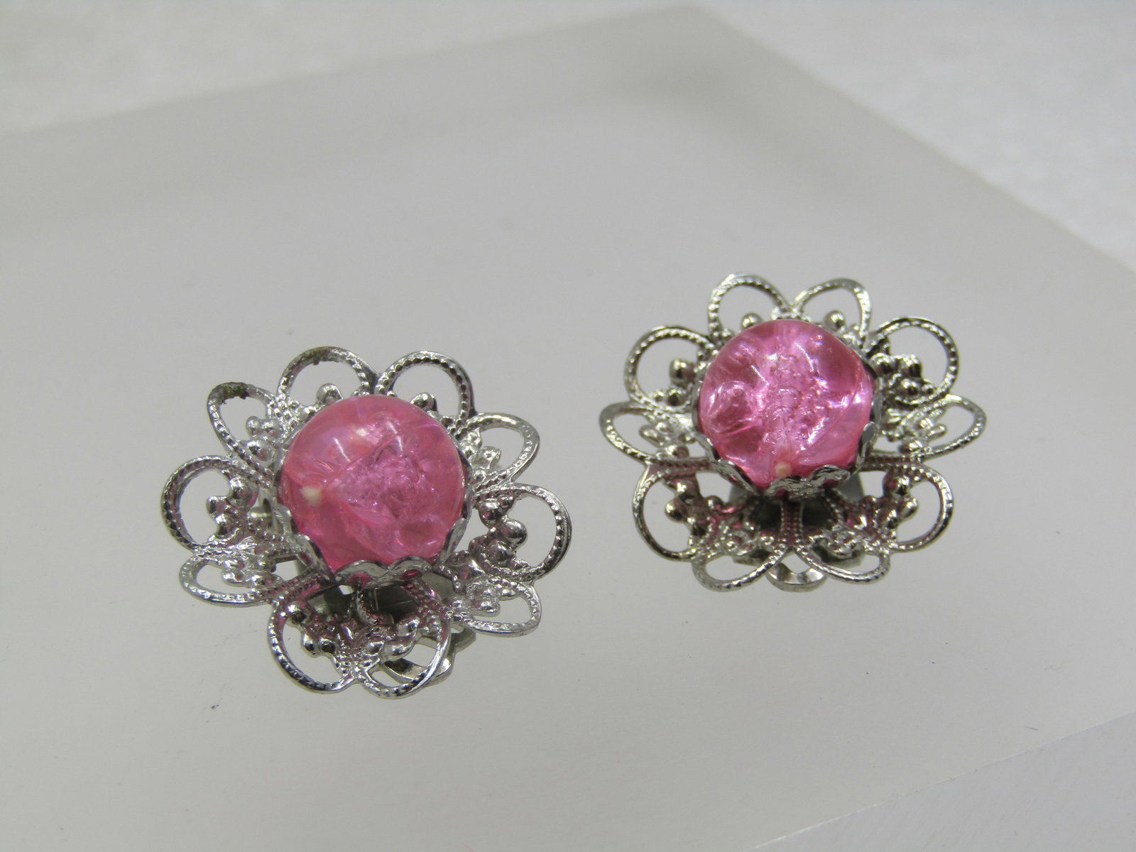 Vintage Pink Beaded Filigree Earrings, Clip, 1960's - 2