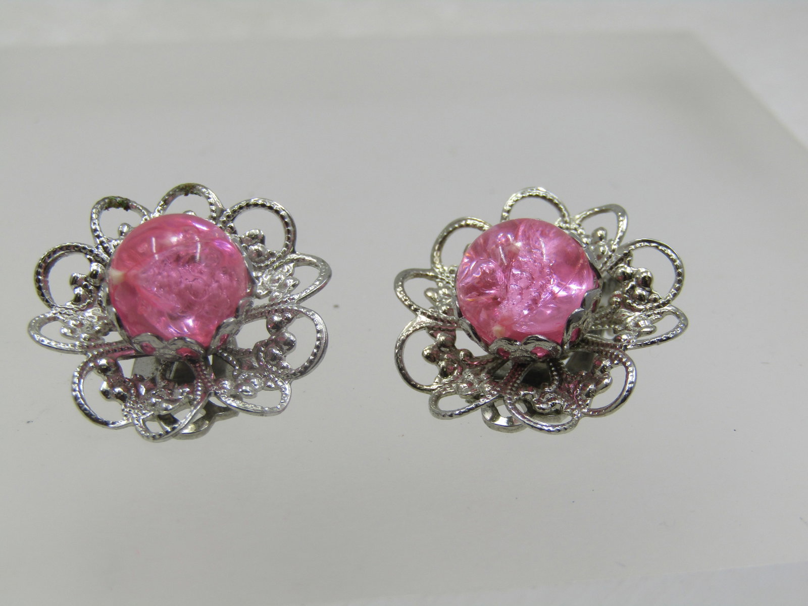 Vintage Pink Beaded Filigree Earrings, Clip, 1960's - 3