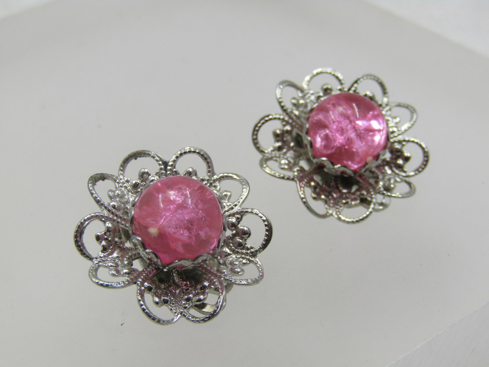 Vintage Pink Beaded Filigree Earrings, Clip, 1960's - 4