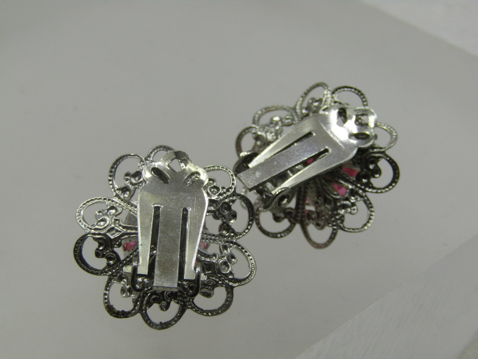 Vintage Pink Beaded Filigree Earrings, Clip, 1960's - 5