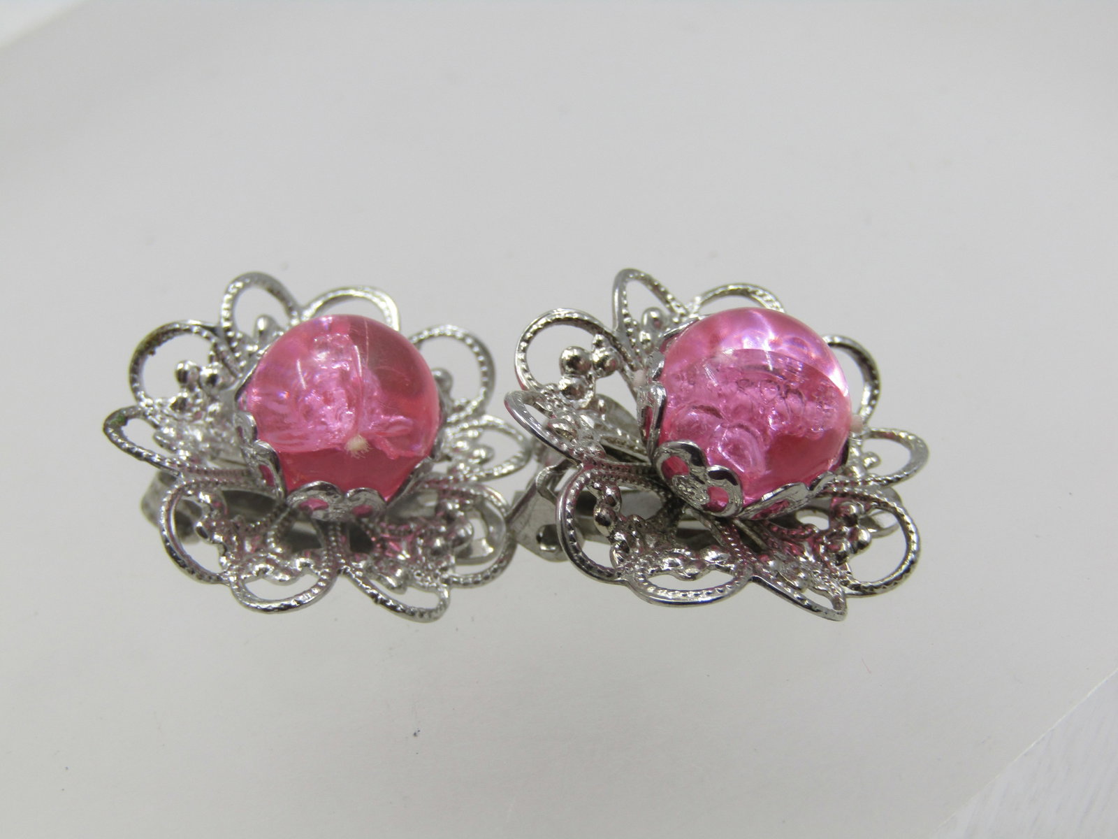 Vintage Pink Beaded Filigree Earrings, Clip, 1960's - 6