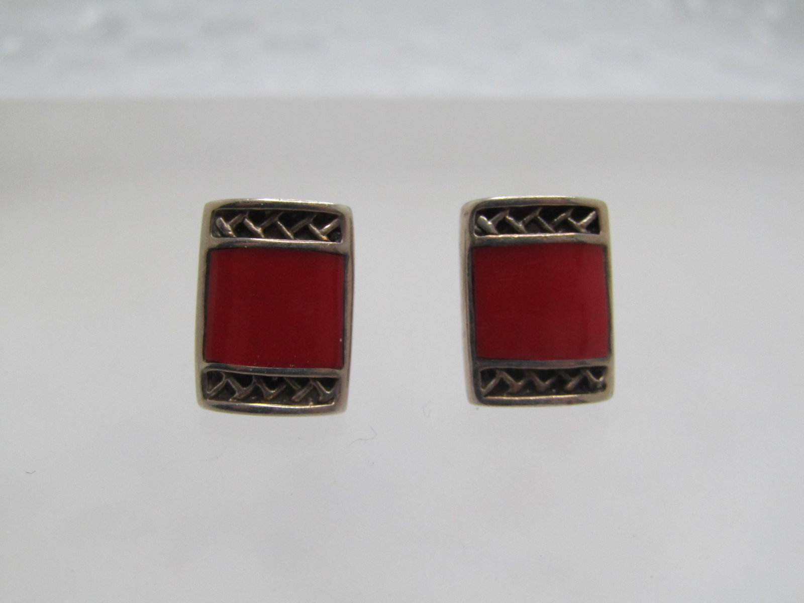 Vintage Sterling Red Enameled Earrings, Signed F, 1980's-1990's (1 of 4)