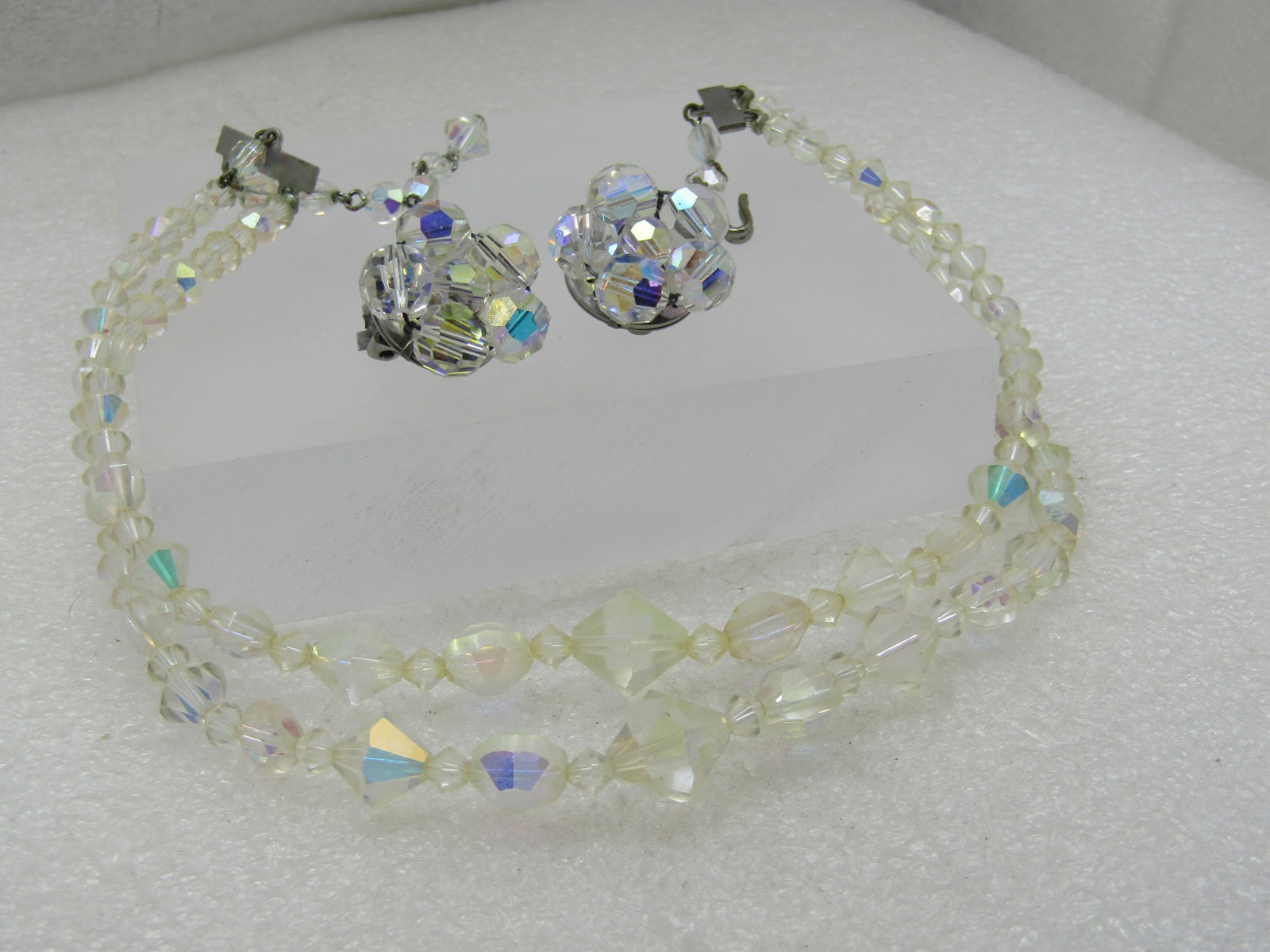 Vintage Double Strand Aurora Borealis Neckace & Earrings Demi Parure, Mid-Century, Elco - 3