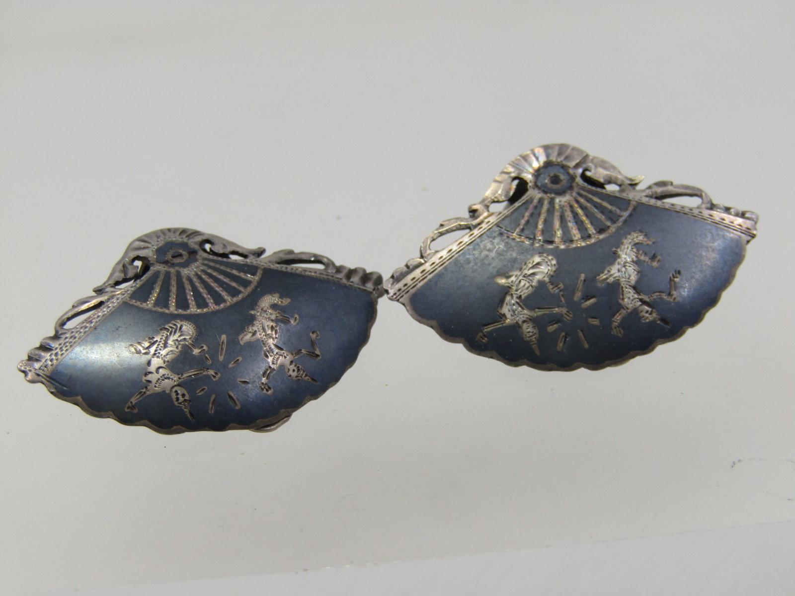 Vintage Sterling Siam Fan Earrings, Clip, 1940's-1950's - 2
