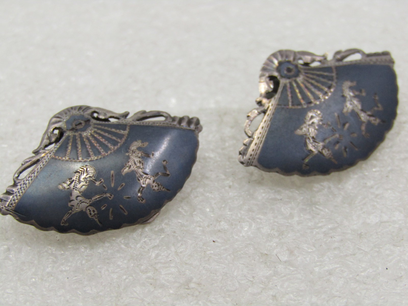 Vintage Sterling Siam Fan Earrings, Clip, 1940's-1950's - 5