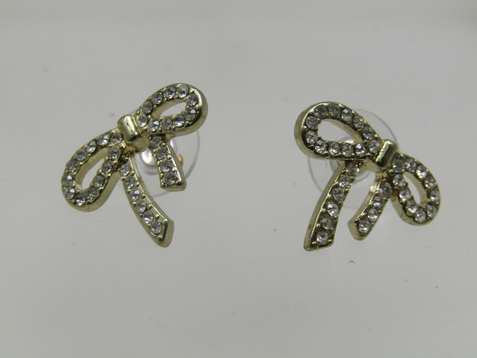 Vintage Rhinestone Bow Earrings, Pierced, Silver Tone - 3