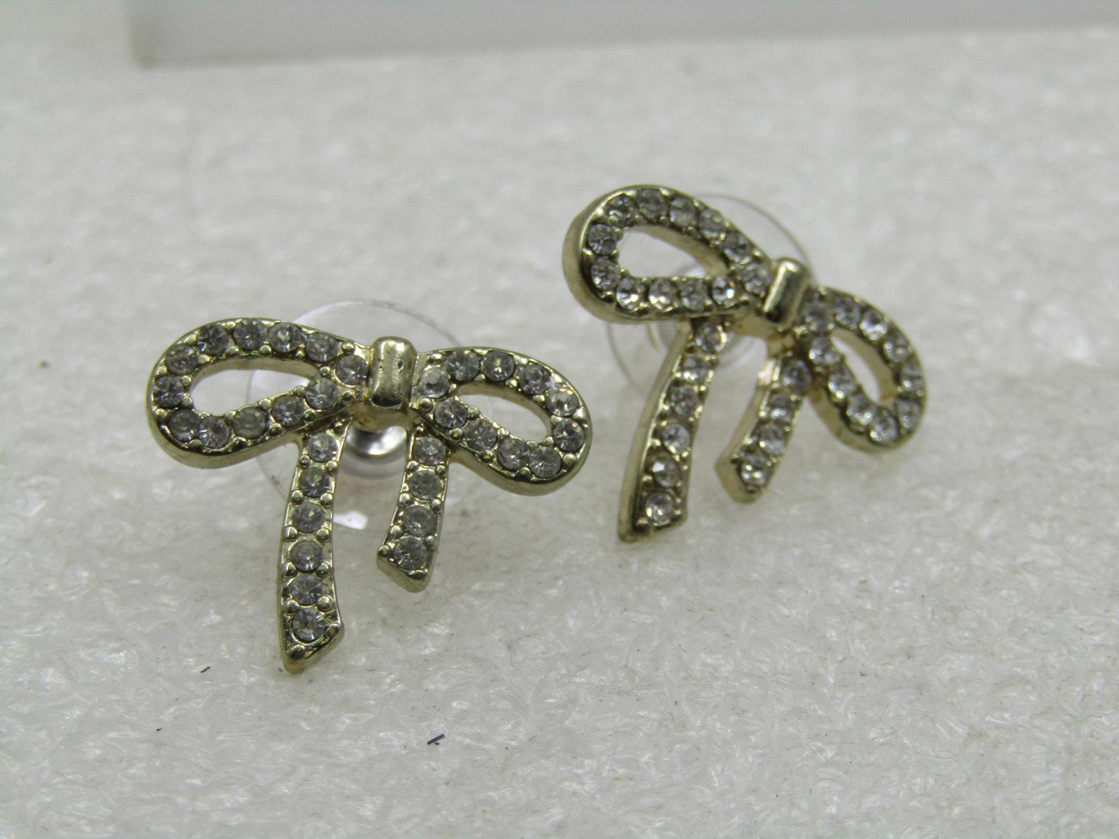 Vintage Rhinestone Bow Earrings, Pierced, Silver Tone - 4