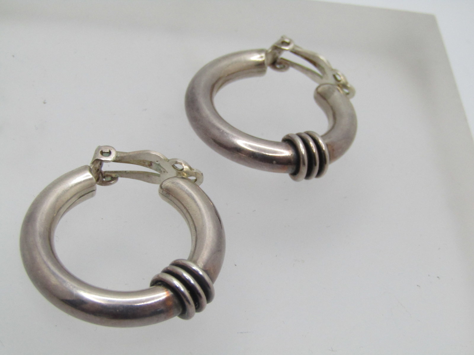 Vintage Sterling Hoop Earrings, Clip, Southwestern Vibe, 1-1/8" - 3