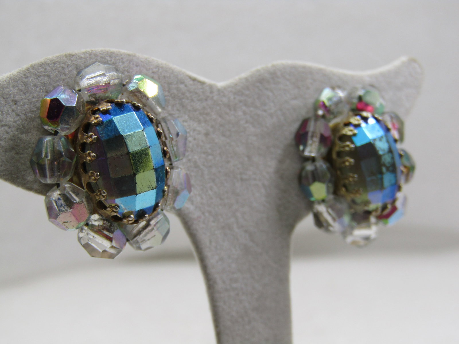 Vintage Peacock Aurora Borealis Clip Earrings, 1940's - 2