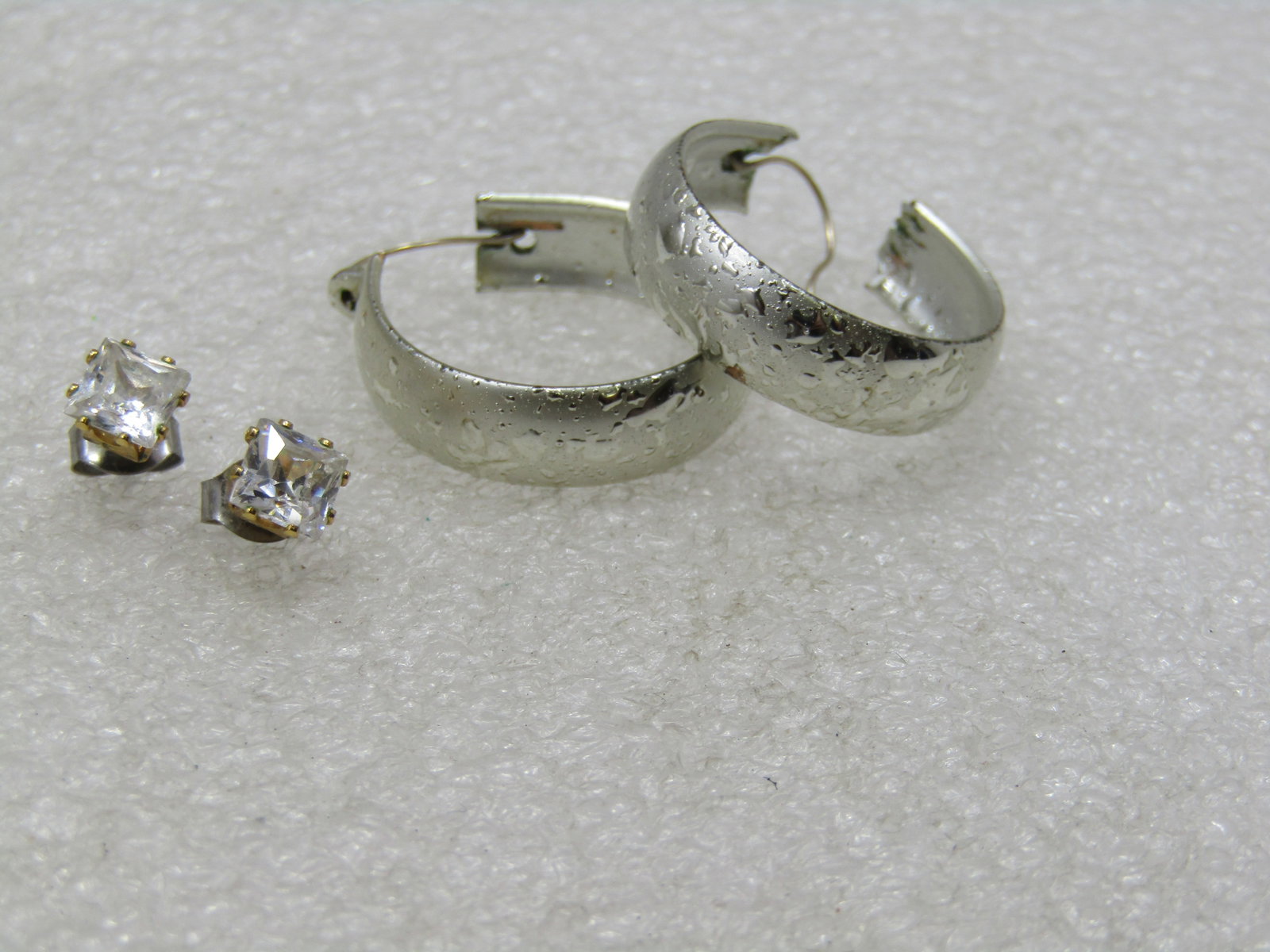 Two Pair of Pierced Earrings, CZ Studs & Hoops - 2