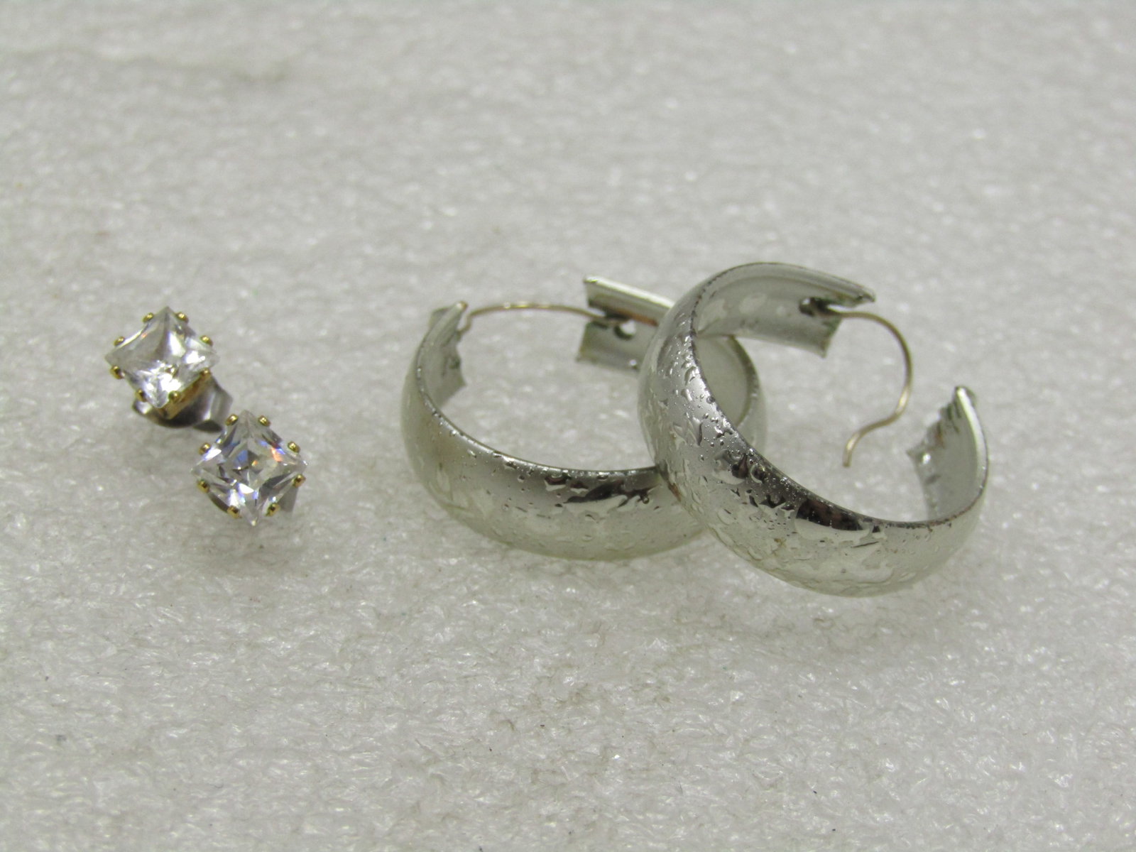 Two Pair of Pierced Earrings, CZ Studs & Hoops - 3