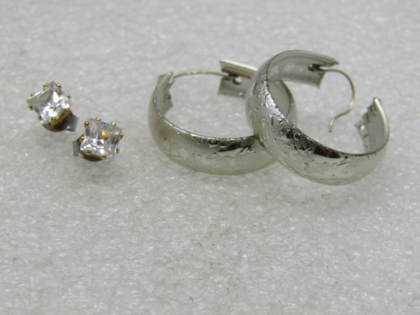 Two Pair of Pierced Earrings, CZ Studs & Hoops - 4