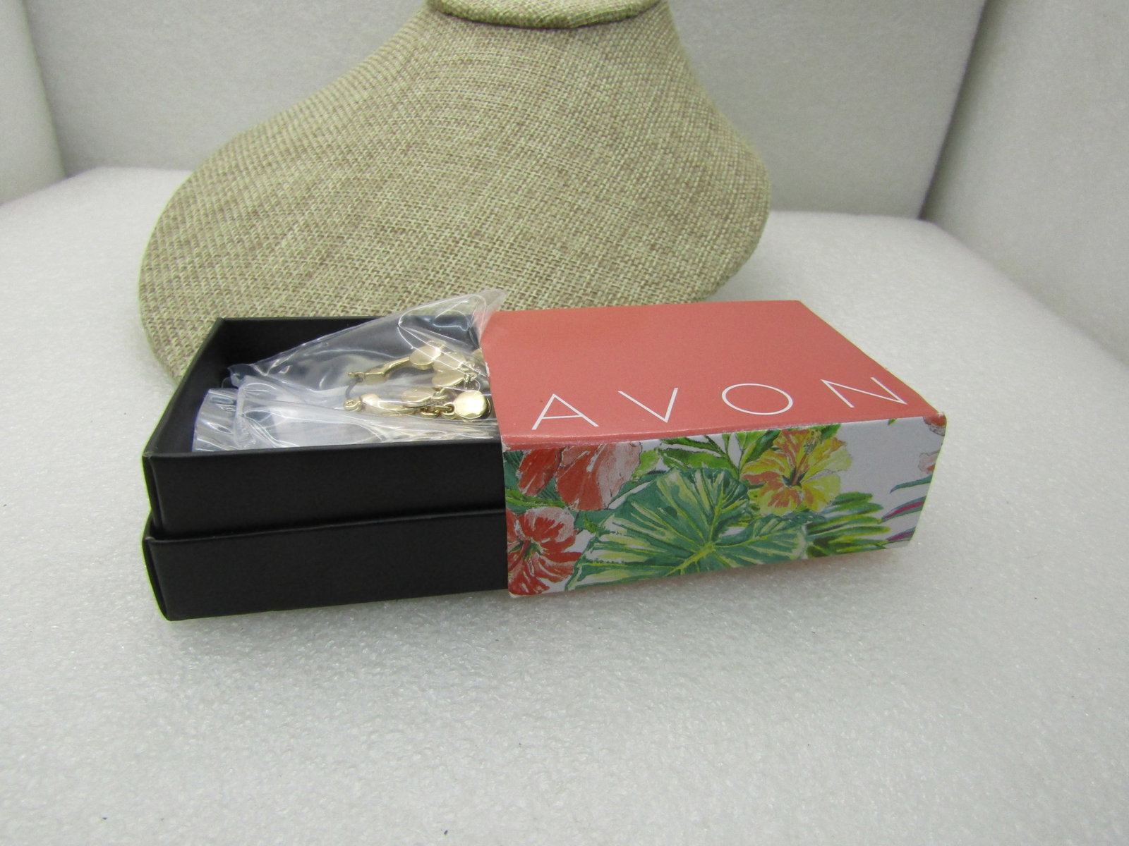 Avon Hoop Disc Earrings, Piereced, New in Box, Gold Tone, Unopened: Avon Hoop Disc Earrings, Piereced, New in Box, Gold Tone. Hoops with disc dangles, 1.25", Unopened - great gift. In block original box with floral sleeve. Came from representatives stock. (INV.JN.5