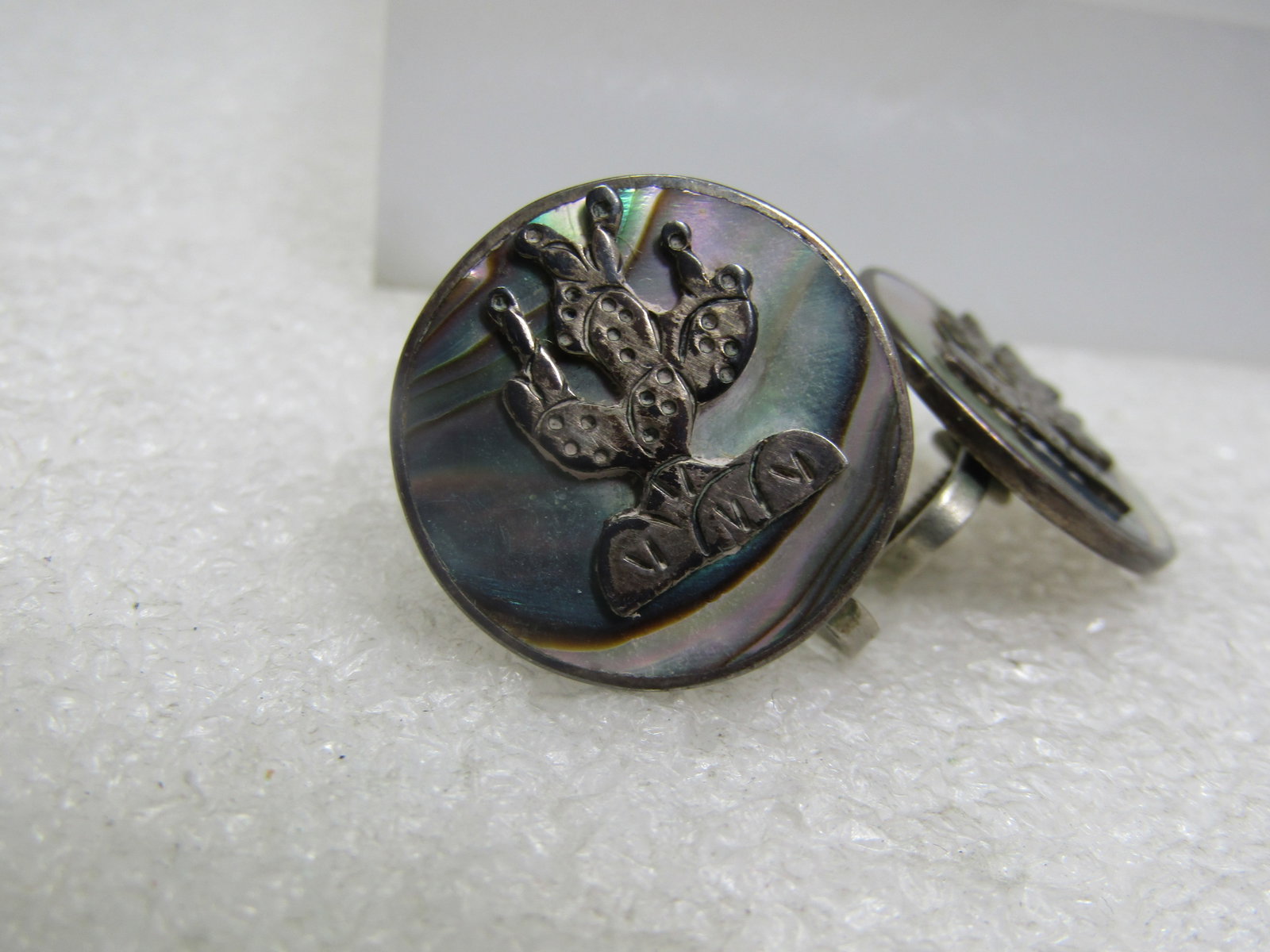 Vintage Sterling Mexican Abalone Cactus Earrings, Screwback, 1950's-1960's - 2