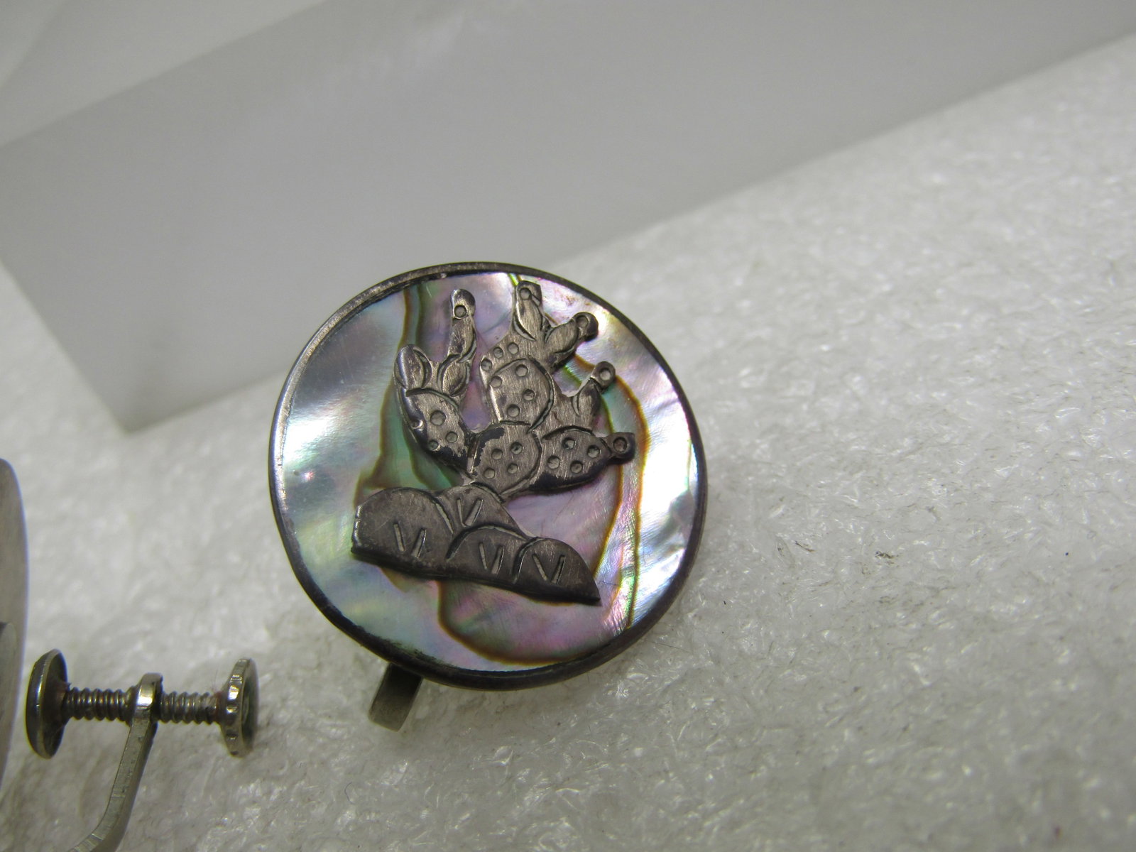 Vintage Sterling Mexican Abalone Cactus Earrings, Screwback, 1950's-1960's - 3
