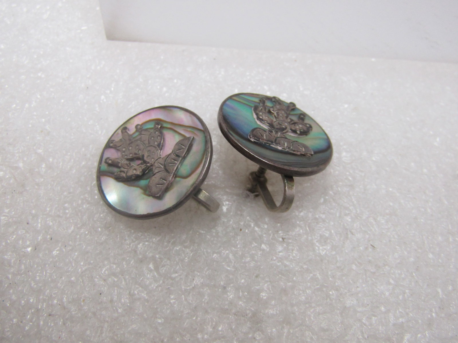 Vintage Sterling Mexican Abalone Cactus Earrings, Screwback, 1950's-1960's - 5