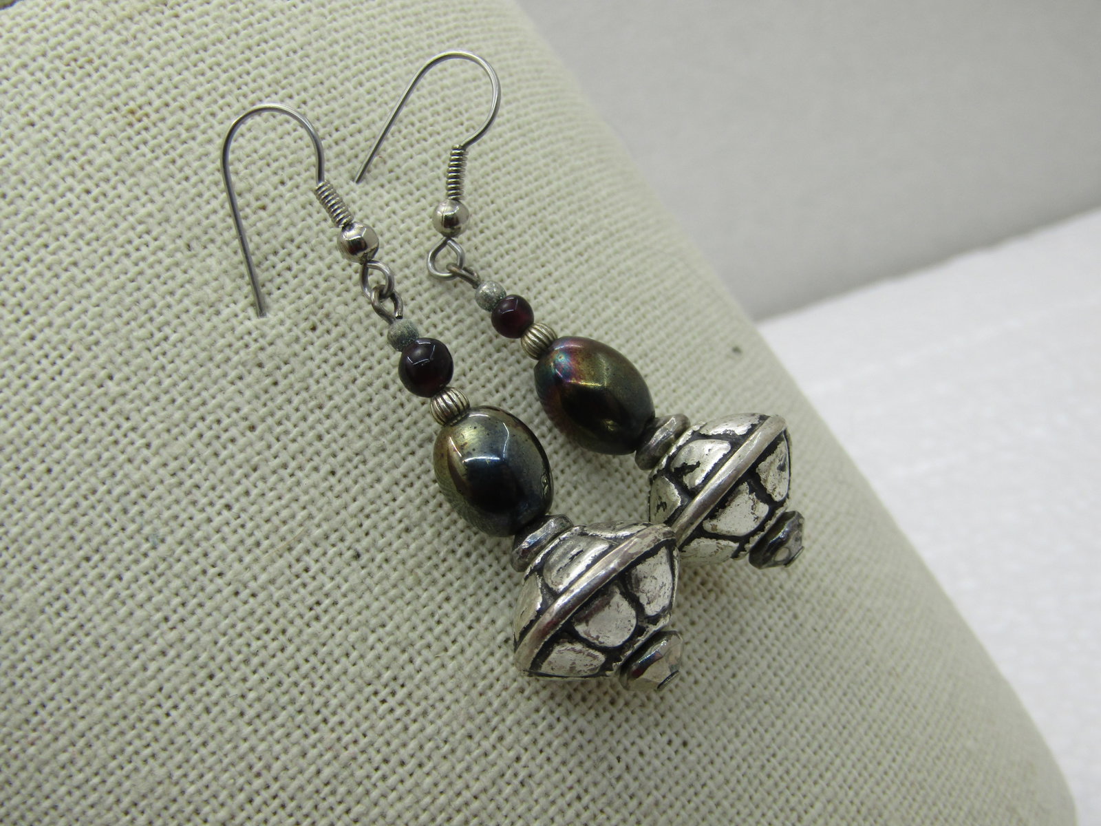 Southwestern Boho Themed Metallic & Silver Dangle Earrings, 2.25" - 2