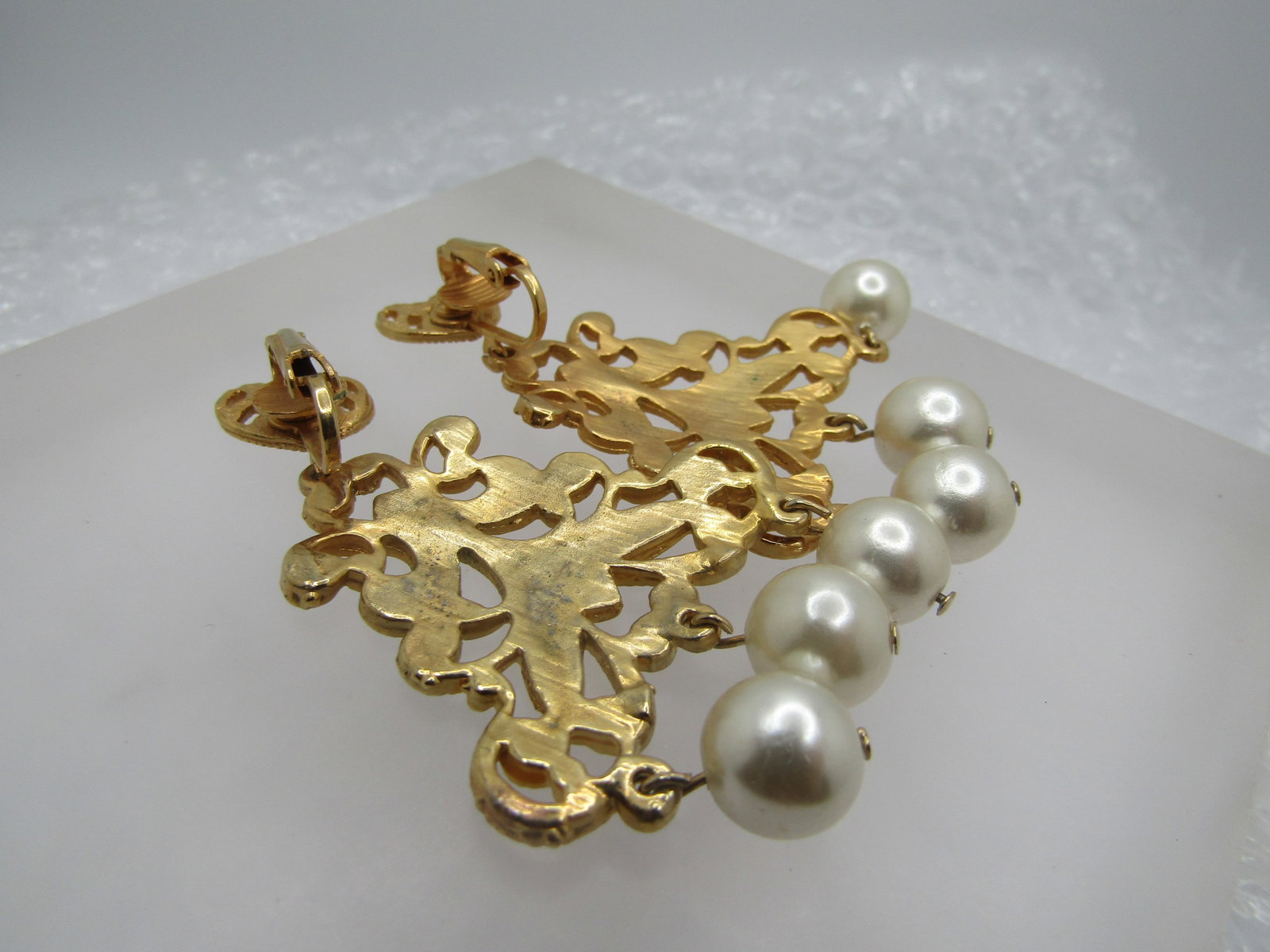 Vintage Filigree Faux Pearl Drop Earrings, Statement, Clip. - 4