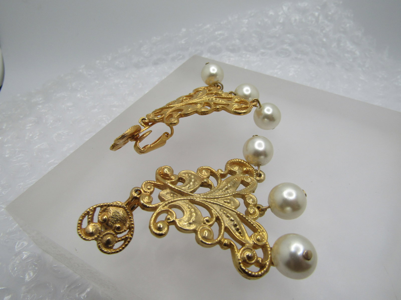 Vintage Filigree Faux Pearl Drop Earrings, Statement, Clip. - 5