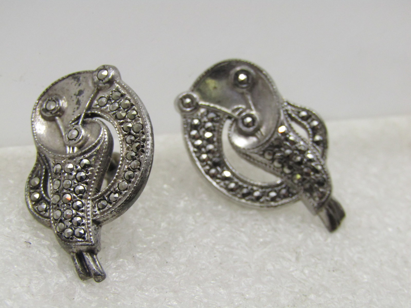 Vintage Sterling Marcasite Art Deco Earrings, Screw Back, 1930's-1940's (1 of 6)