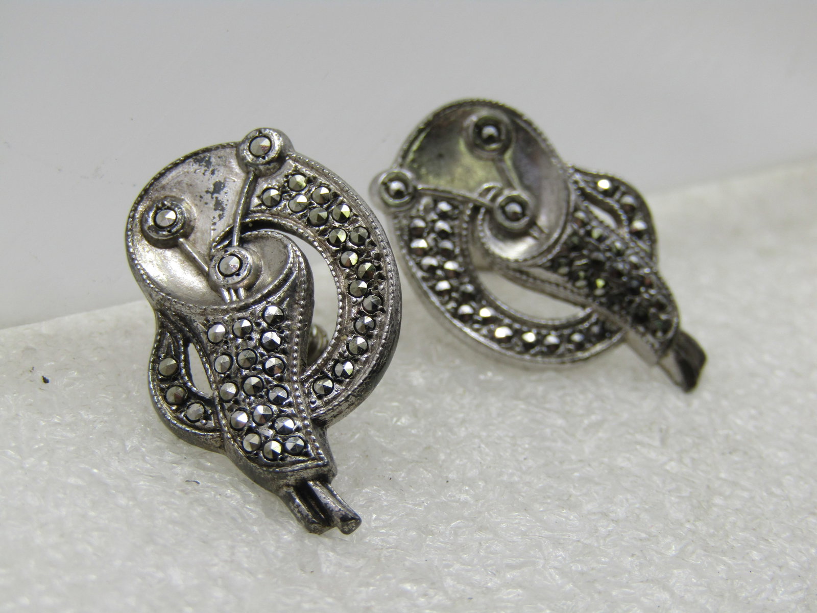 Vintage Sterling Marcasite Art Deco Earrings, Screw Back, 1930's-1940's - 2