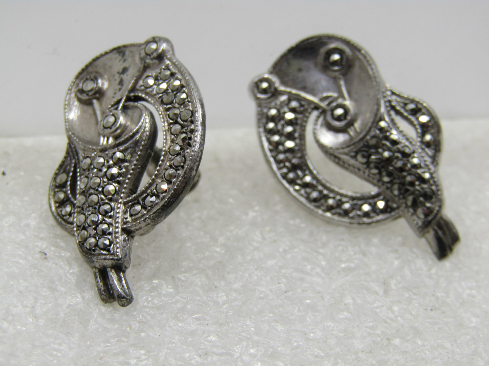 Vintage Sterling Marcasite Art Deco Earrings, Screw Back, 1930's-1940's - 3