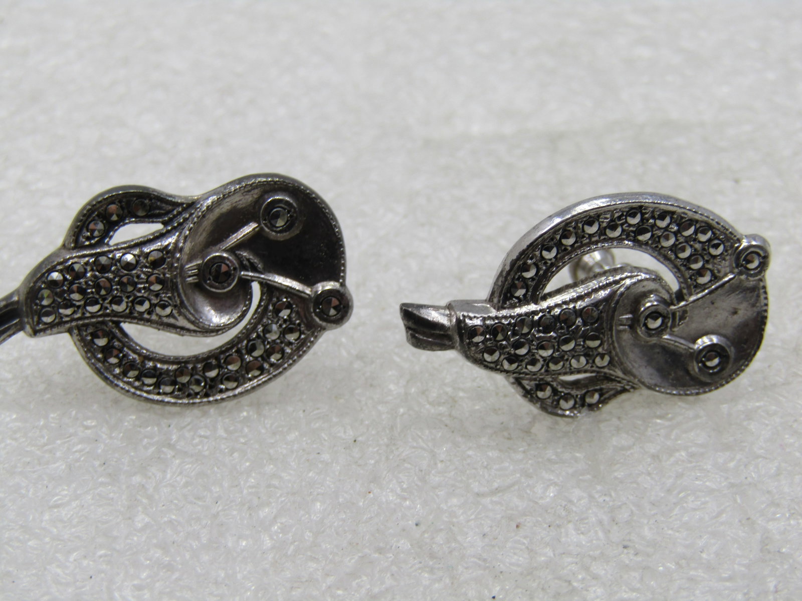 Vintage Sterling Marcasite Art Deco Earrings, Screw Back, 1930's-1940's - 5