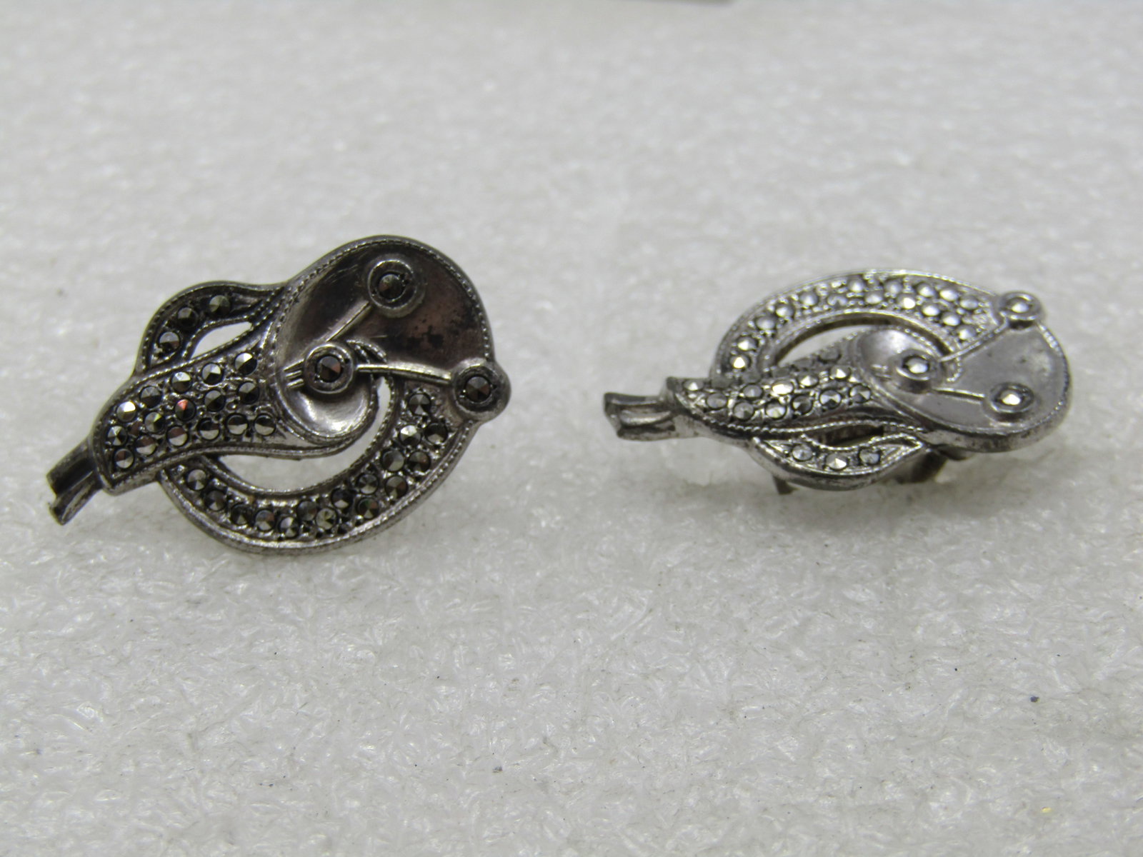 Vintage Sterling Marcasite Art Deco Earrings, Screw Back, 1930's-1940's - 6