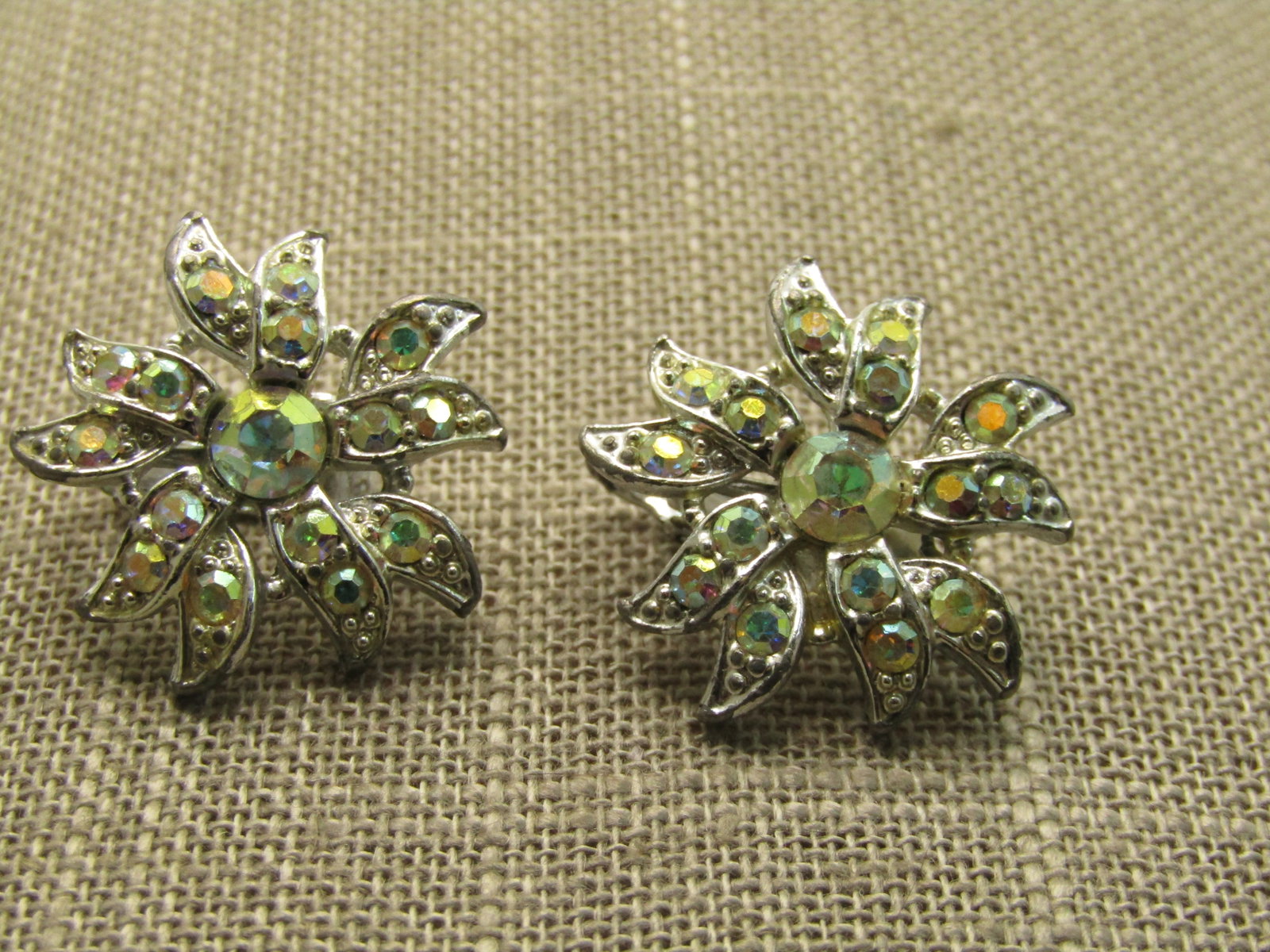 Vintage Aurora Borealis Rhinestone Earrings, Sarah Coventry Clip, 1", 1960's-1970's (1 of 4)