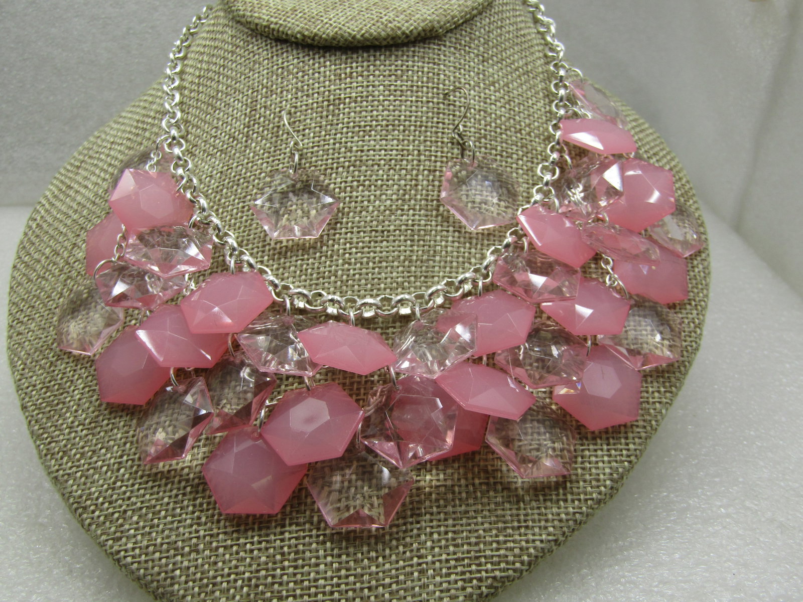 Vintage Pink Dangle Bib Necklace & Earrings Set, Pierced, 1980's-1990's - 2