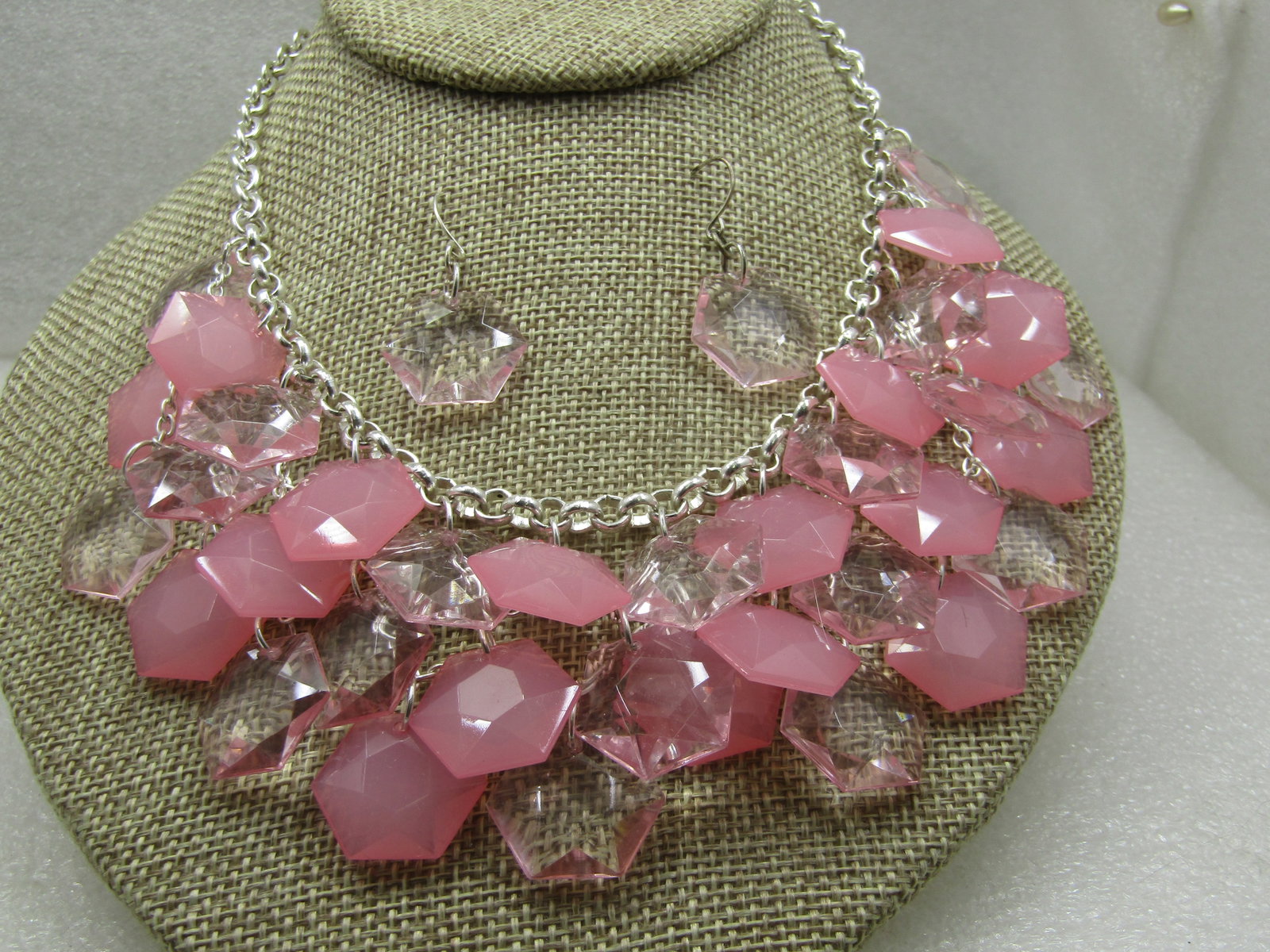 Vintage Pink Dangle Bib Necklace & Earrings Set, Pierced, 1980's-1990's - 3