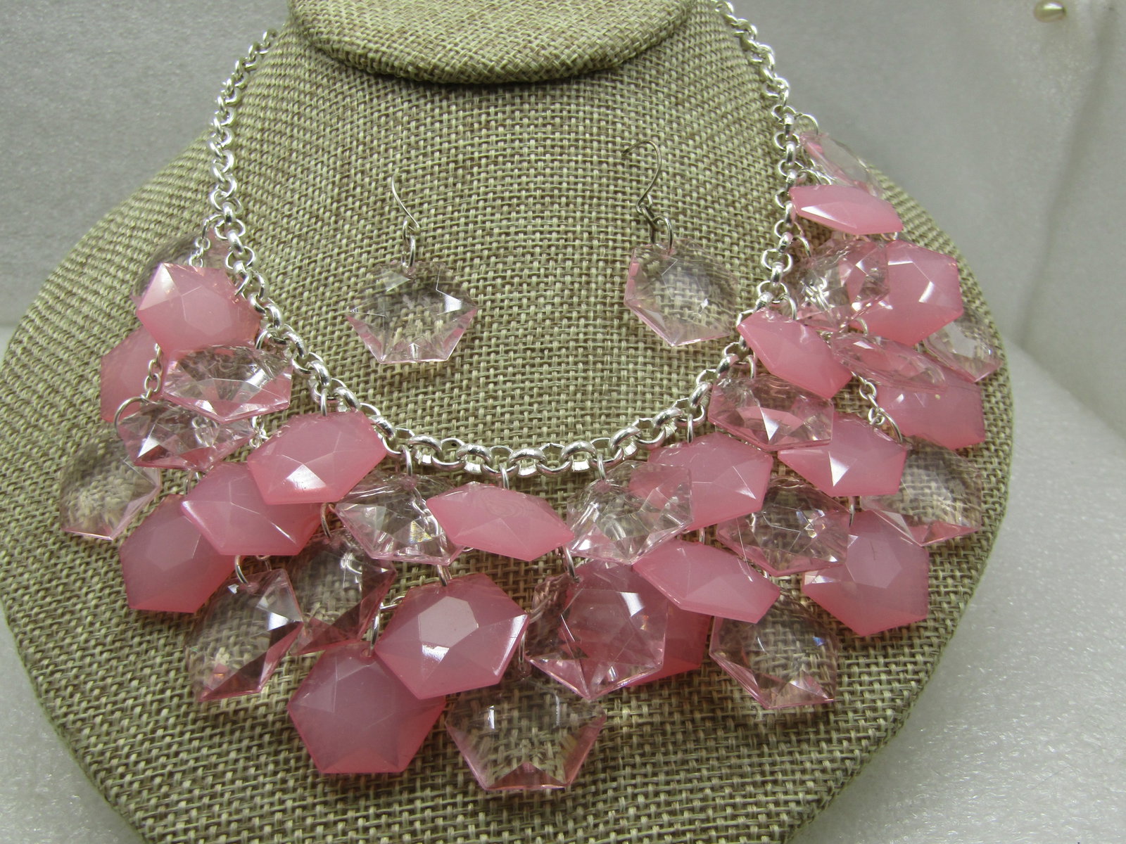 Vintage Pink Dangle Bib Necklace & Earrings Set, Pierced, 1980's-1990's - 4