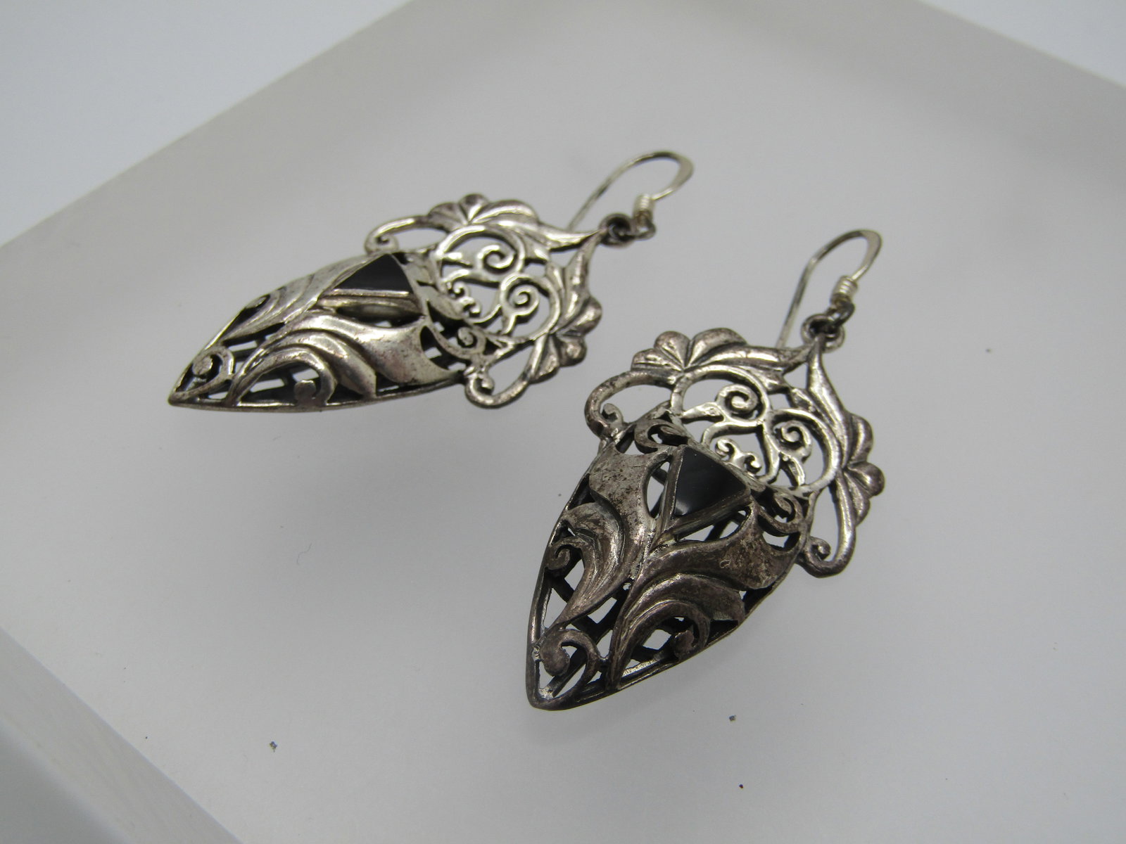 Vintage Sterling Onyx Scrolled Earrings, Pierced, 1980's-1990's - 2