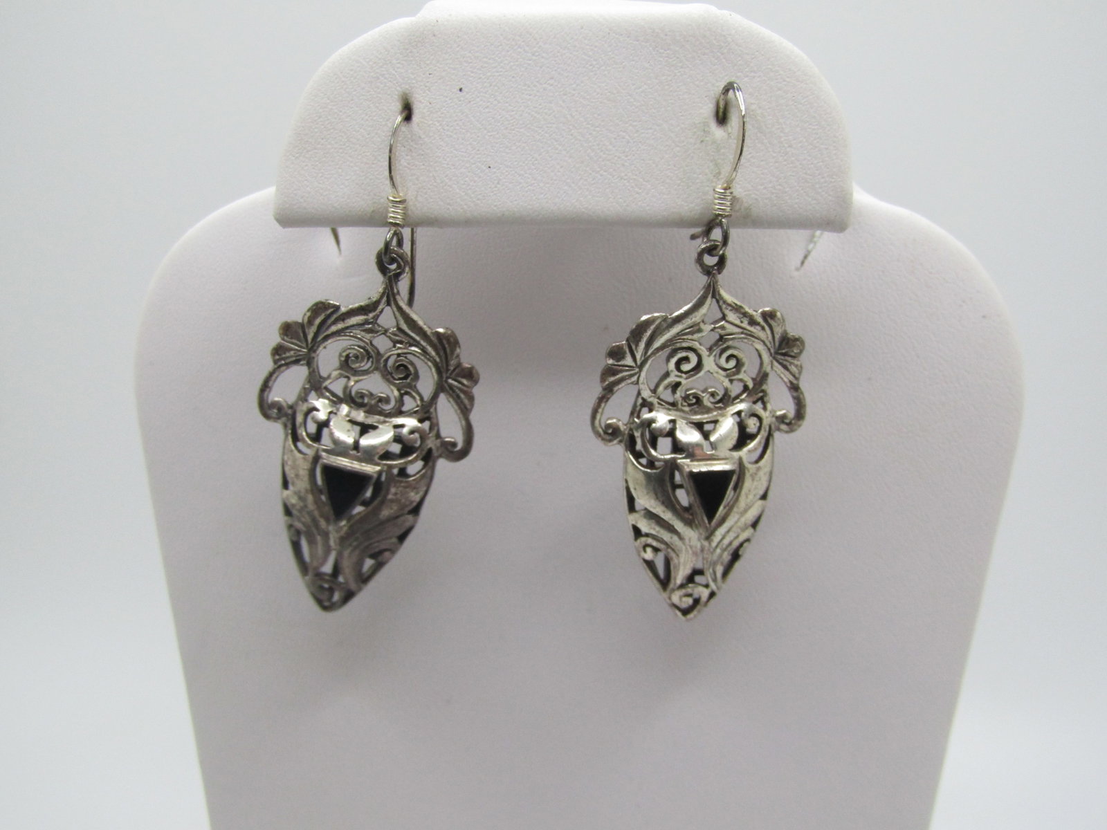 Vintage Sterling Onyx Scrolled Earrings, Pierced, 1980's-1990's - 5
