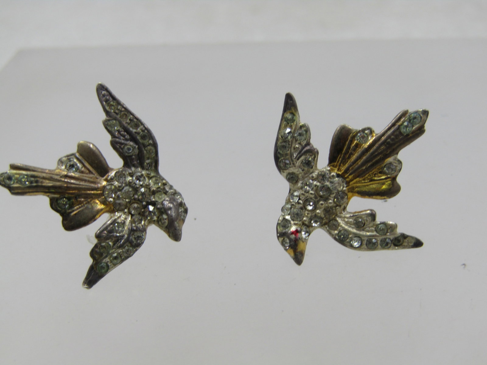 Vintage Sterling Vermeil Rhinestone Dove Earrings, Screwback, 1940's - 2