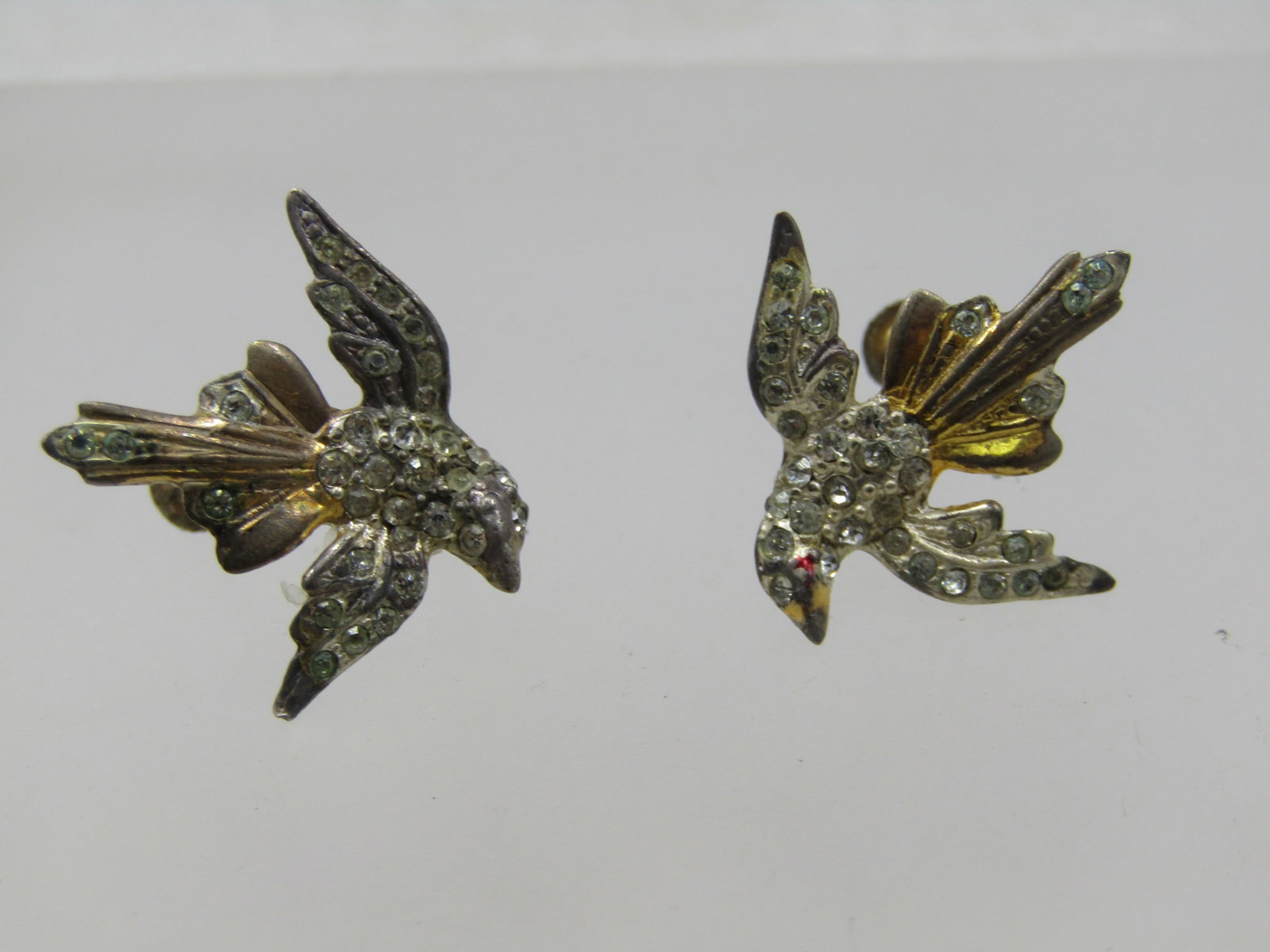 Vintage Sterling Vermeil Rhinestone Dove Earrings, Screwback, 1940's - 3