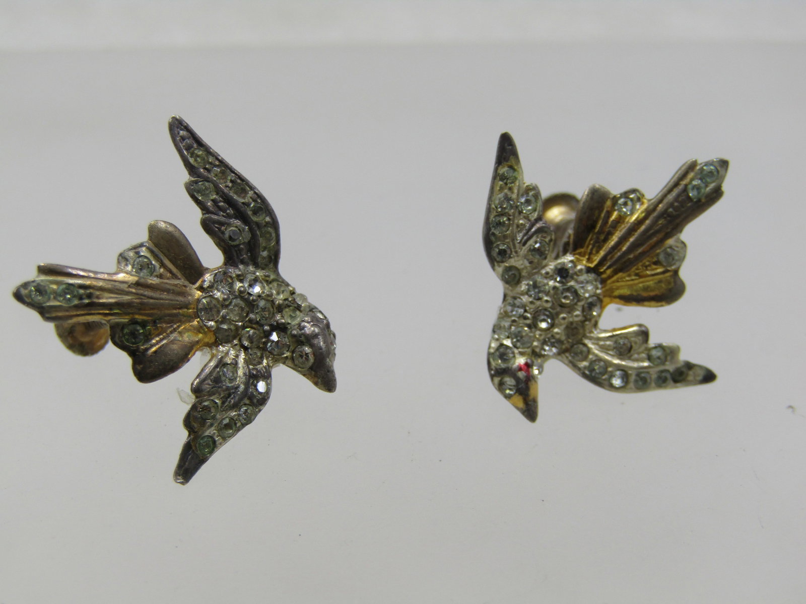 Vintage Sterling Vermeil Rhinestone Dove Earrings, Screwback, 1940's - 4